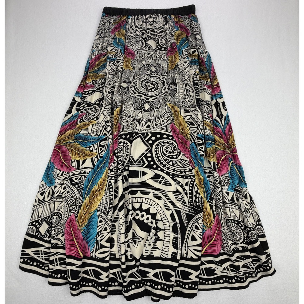 Magic Women Maxi Skirt Black White Tribal Feather Print Rayon Size M Boho Tassel
